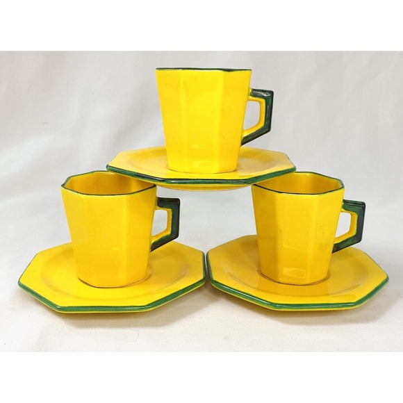 Vtg Les Grottes Dieulefit France Caves Yellowware Espresso Cups Saucers - 3 sets - Picture 2 of 13